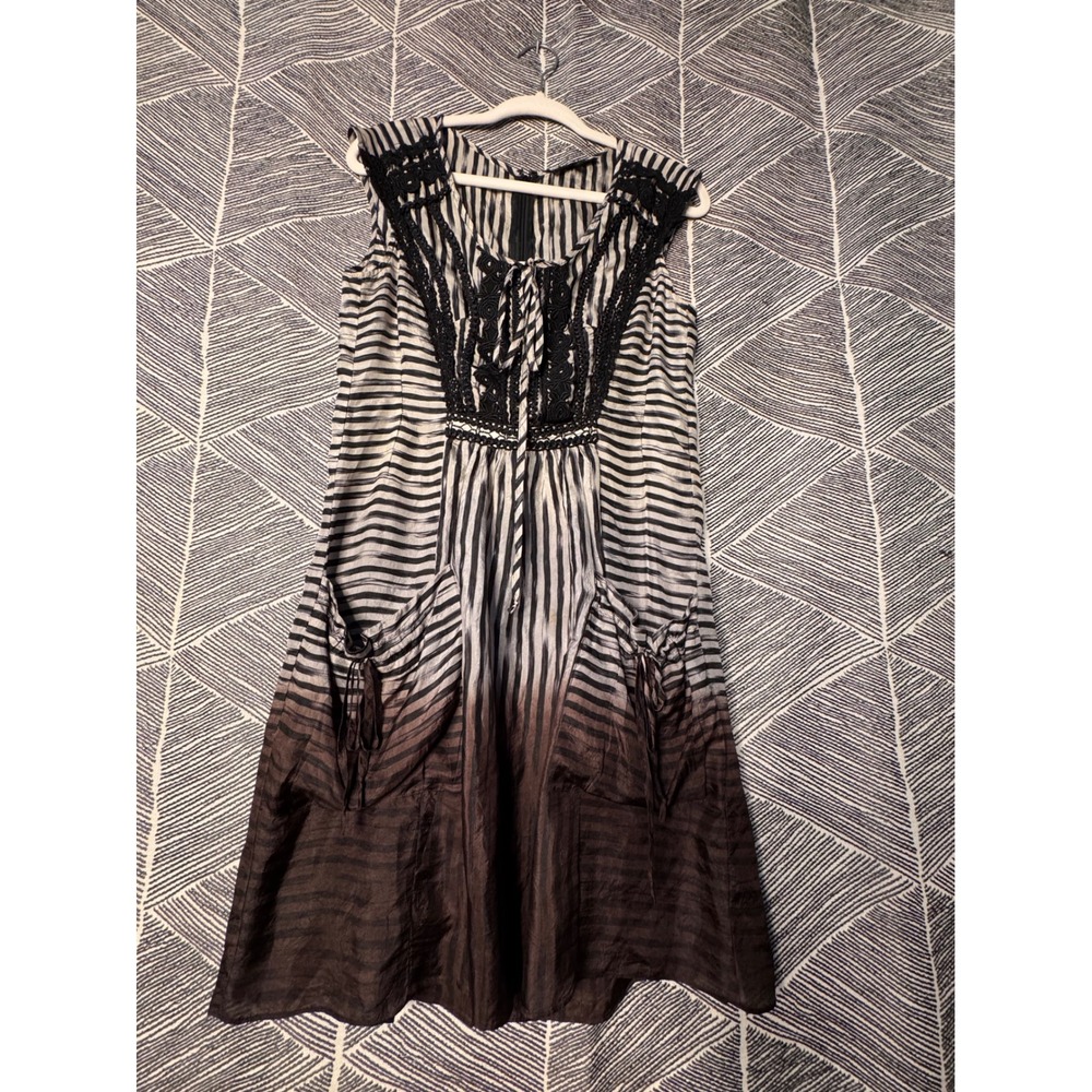 Nanette Lepore Antro Silk Striped Ombre Dress Crochet Overlay Blk Gray BrownSz 6